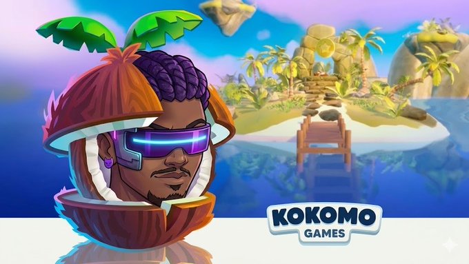 In the image, there is a man wearing a large coconut hat and sunglasses with an island design below him, along with a background that includes a beach scene and other people enjoying themselves. The title of the picture suggests this could be related to the Kokomo Games prediction challenge, where players predict the outcome of various events like the World Cup or the NBA.