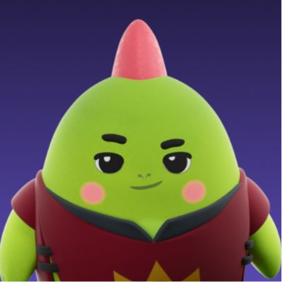 A 3D rendered cartoon character with a green triangular head, red horn, and maroon shirt against a purple background.