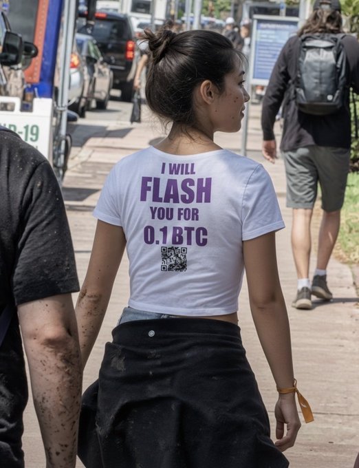 A young woman walking on a sidewalk wearing a white t-shirt with purple text reading 'I WILL FLASH YOU FOR 0.1BTC' along with a QR code, in what appears to be a Bitcoin 2024 conference setting.