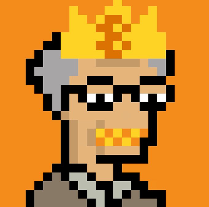 A pixel art portrait of a man with grey hair, a beard, and prominent gold teeth, wearing a yellow crown against an orange background.