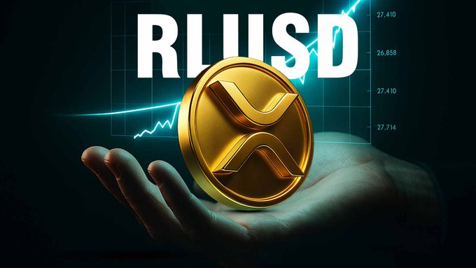 A glowing gold RLUSD coin is held in an open palm against a dark background featuring a rising teal price chart, with the "RLUSD" ticker prominently displayed above—visually reinforcing the article's theme of the stablecoin's expanding $1.2 billion market as a liquidity catalyst within Ripple's ecosystem.