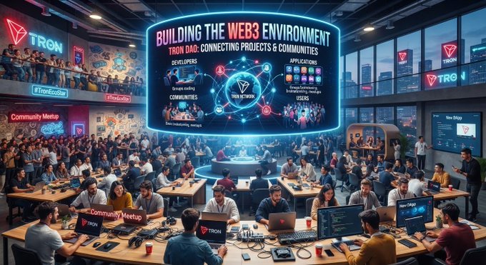 A vibrant scene depicting a Tron DAO community meetup titled 'BUILDING THE WEB3 ENVIRONMENT', showing developers, applications, and users connecting under the TronEcosystem banner.