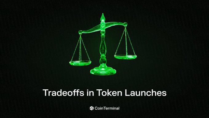 A glowing green scale of justice sits against a black background above the text "Tradeoffs in Token Launches" and the CoinTerminal logo, visually symbolizing the delicate balancing act projects must perform when weighing competing priorities like speed, fairness, and distribution in their token launch designs.