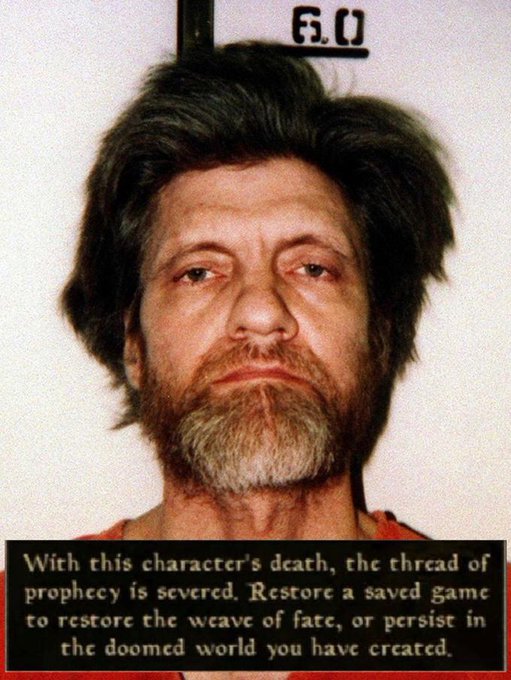 The image features a man with a beard, wearing an orange shirt, standing against a white wall. Below him, there's a quote that reads "With this character's death, the thread of prophecy is severed. Restore a saved game, or persist in the doomed world you have created." The man appears to be the main subject of the image and his facial expression suggests he might be reading the quote.

The post also includes an image of a man with a beard wearing an orange shirt. This person's face is not visible in the image but their presence adds context to the overall theme of the post.