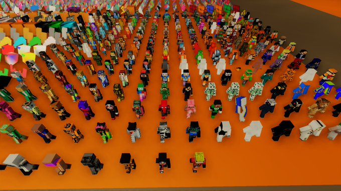 An aerial view of a massive crowd of Minecraft-style blocky character skins standing in formation on an orange surface.
