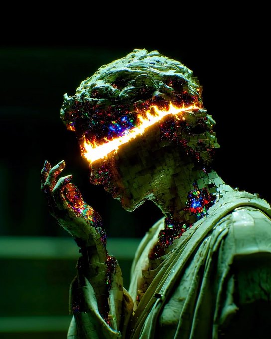 A distorted humanoid figure with a fragmented, mosaic-like body and a glowing fiery slit where a face should be, holding its hand up against a dark background.