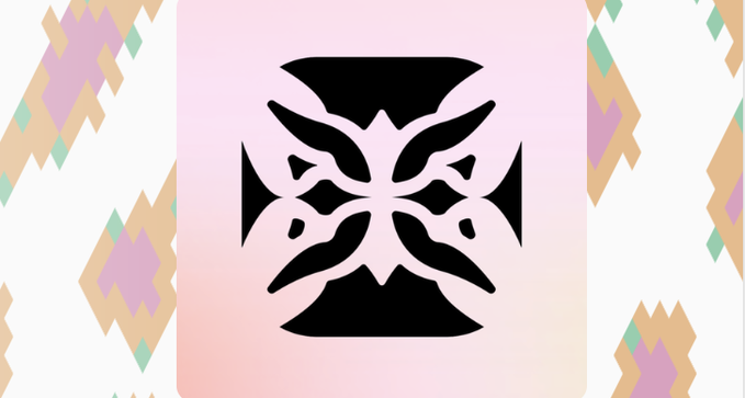 A decorative graphic featuring a black symmetrical tribal-style emblem centered on a pink panel, flanked by pastel-colored geometric patterns in orange, pink, and green.