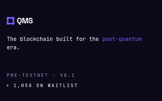 The image shows a dark blue background with white text that reads "Post-quantum Layer 1 blockchain built for the past-quanta era." The image also includes a green checkmark symbolizing a "join" button, indicating that people have already joined the QMS network and are waiting to participate in building this new type of blockchain.