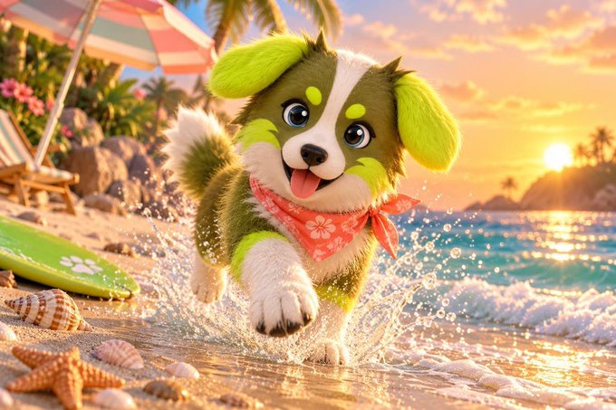 An animated, fluffy green and white dog with a red bandana happily runs along a sunlit beach at sunset, splashing water with scattered seashells and a green surfboard nearby.