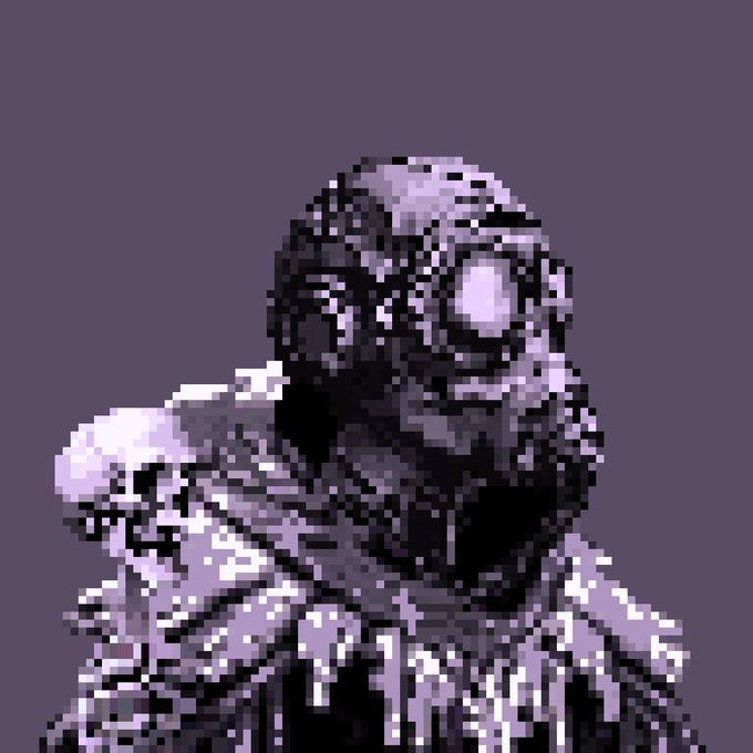 A dark, monochromatic purple pixel art image depicting a sinister, skeletal or monstrous figure with hollow, glowing eyes and a ribbed, fleshy texture.