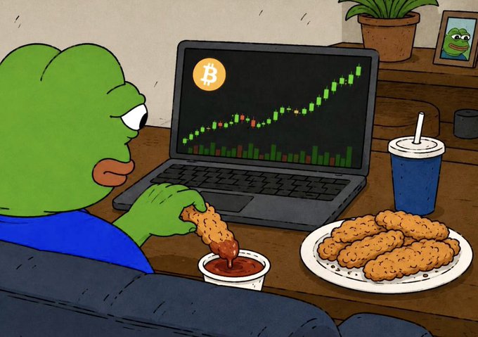A cartoon green frog in a blue shirt eating fried chicken while looking at a laptop displaying a rising Bitcoin (₿) stock chart, with a plate of fried chicken on the desk.