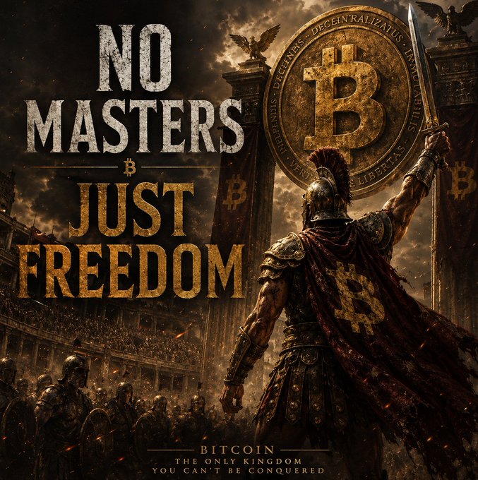 A dramatic poster featuring a Roman gladiator with a Bitcoin-themed cape and sword, with the text 'NO MASTERS JUST FREEDOM' and 'BITCOIN THE ONLY KINGDOM YOU CAN'T BE CONQUERED'.