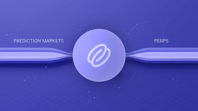 A purple-themed graphic showing a central logo with 'PREDICTION MARKETS' on the left and 'PERPS' on the right, connected by flowing pathways.