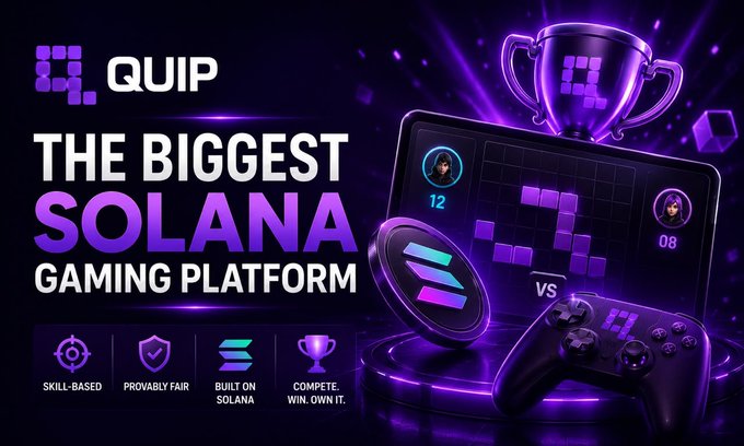 A promotional banner for 'QUIP' advertising 'THE BIGGEST SOLANA GAMING PLATFORM' with icons highlighting skill-based, provably fair, built on Solana, and competitive features alongside game controller imagery.