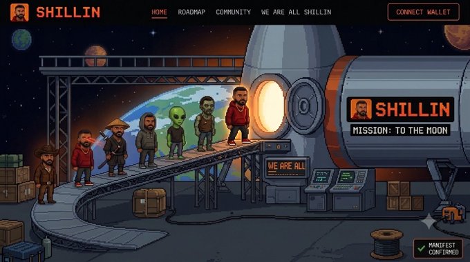 A pixel-art style website header for "SHILLIN" features cartoon characters walking onto a spaceship with the tagline "MISSION: TO THE MOON" and "MANIFEST CONFIRMED".