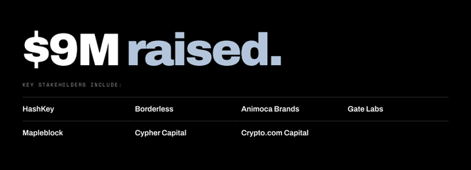 A black background graphic announcing "$9M raised" with key stakeholders listed: HashKey, Borderless, Animoca Brands, Gate Labs, Mapleblock, Cypher Capital, and Crypto.com Capital.
