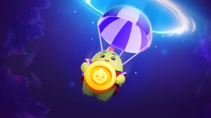 A green cartoon character descends by a purple and white striped parachute through a starry night sky, holding a glowing golden coin with a smiling face.