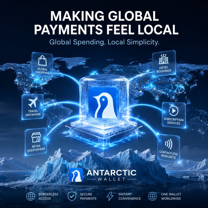 A promotional graphic for "Antarctic Wallet" featuring the tagline "MAKING GLOBAL PAYMENTS FEEL LOCAL" and the subtitle "Global Spending. Local Simplicity." The design shows the Antarctic Wallet logo on an iceberg against a world map backdrop, surrounded by connected icons for Global Shopping, Hotel Bookings, Travel Anywhere, Subscription Services, Retail Everywhere, and Contactless Worldwide, with bottom highlights of Borderless Access, Secure Payments, Instant Convenience, and One Wallet Worldwide.