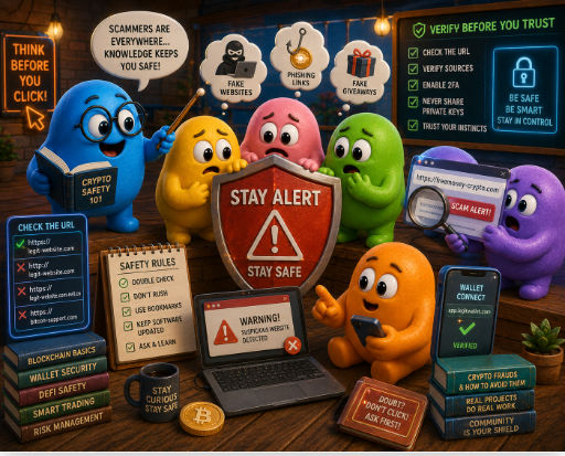 A group of colorful cartoon characters (some labeled "Crypto Safety 101") surround a red "Stay Alert Stay Safe" shield and a "Warning: Suspicious Website Detected" laptop, while checklists highlight rules like "Check the URL," "Verify Sources," and "Enable 2FA" to combat phishing sites, fake websites, and bogus giveaways—reinforcing the post's message about staying skeptical during market cycles as scams like phishing, fake support, and malicious airdrop links evolve rapidly.
