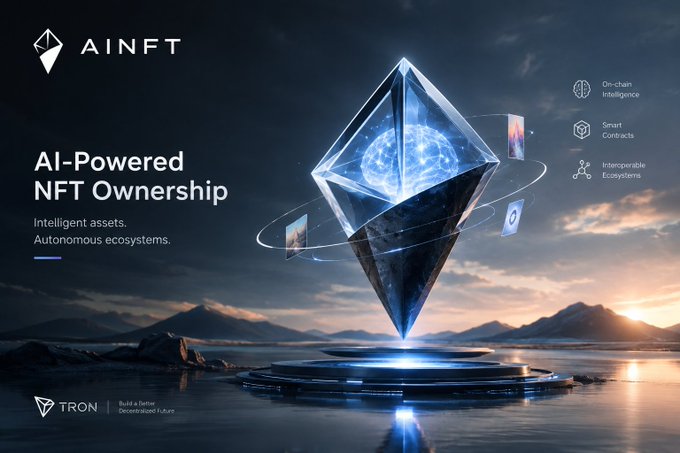 A digital advertisement for 'AINFT' promoting 'AI-Powered NFT Ownership', featuring a large, glowing 3D octahedron on a platform over water, with 'TRON' logo at the bottom.