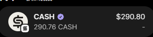 A digital wallet displays a balance of 290.76 CASH tokens (verified with a blue checkmark) valued at $290.80, representing a reward claim from the World.xyz platform as promoted in the accompanying post.
