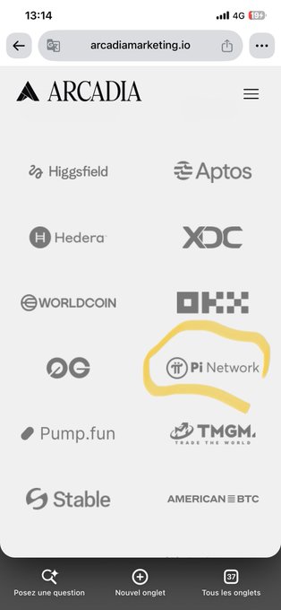 A mobile screenshot of arcadiamarketing.io displaying the agency's client portfolio, including Aptos, Hedera, OKX, Worldcoin, and Pi Network (circled in yellow), visually supporting the claim that Pi Network hired the same high-profile marketing firm behind other major crypto projects. The image highlights the Pi Network logo among established crypto brands to emphasize the significant marketing investment.