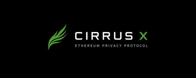 A logo on a black background reading 'CIRRUS X' with the subtitle 'ETHEREUM PRIVACY PROTOCOL' and a green leaf emblem.