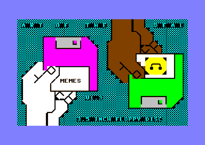A retro-style digital artwork labeled '3.5 INCH FLOPPY DISC' with 'MEMES' and 'URE' text, featuring pixelated hands and floppy disks.