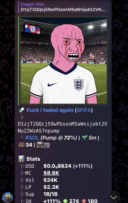 The image features a cartoon character wearing an England soccer jersey, with a sad expression on their face. The character appears to be crying or frowning, giving off an impression of sadness. The caption for this image reads "Degen War D1z2QQcj59wPGsonM5aWnijobt2VNu22WzAS7npump #memecoin #solana #Degen".