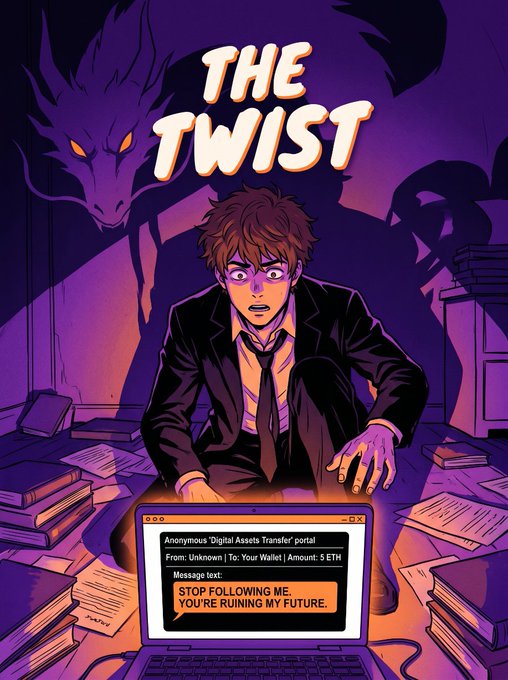 The image features an illustration of a man sitting at a desk, looking at a laptop computer screen. The background shows a dark purple color, which complements the overall theme of the poster. The poster has text that reads "Stop following me. You're ruining my future". This message is accompanied by a reference to an anonymous account and a link to a website, suggesting that the man's actions are related to this account or its content.
