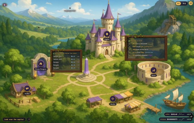 Screenshot of a fantasy kingdom management game showing a castle, arena, market, and dock, with a quest log for a 'Brother' from the deep and an action list.
