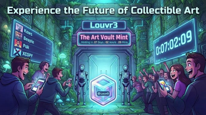 A futuristic digital scene shows an "Art Vault Mint" countdown at 07 days, 02 hours, 09 mins, with crowds gathered around a glowing cube labeled "Louvr3" and a leaderboard listing names like "Kaws," "Beeple," "Pak," and "XCOPY," promoting the upcoming Legendz Mint NFT drop from @Louvr3_NFTs.