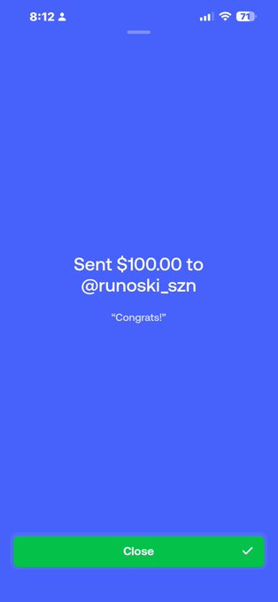 A confirmation screen showing a successful $100.00 payment sent to @runoski_szn with the message "Congrats!", likely one of the $CATE giveaway winners announced in the accompanying Twitter Spaces promotion.
