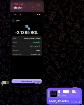 A nighttime mobile screenshot shows a successful transaction of -2.1385 SOL sent to the address "oh shit" via Phantom wallet on Solana, accompanied by the message "seen, thanks" — capturing the moment of an unexpected crypto payment that arrived "while you were sleeping."