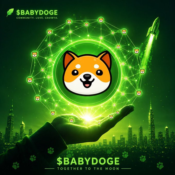 A hand cradles a glowing green orb featuring the $BABYDOGE Shiba Inu mascot, surrounded by a network of smaller dog icons and a rocket launching toward space, with "$BABYDOGE - Together to the Moon" displayed below. The glowing network and ascending rocket visually reinforce the post's claim that $BABYDOGE is the right coin, symbolizing community-driven growth and upward momentum.