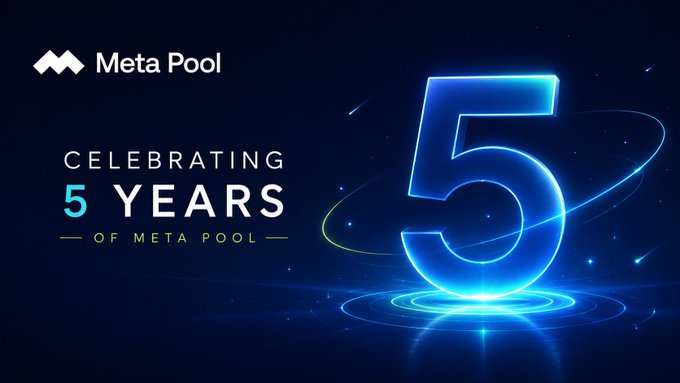 A promotional graphic for Meta Pool celebrating '5 YEARS OF META POOL' with a glowing neon blue number 5 against a dark starry background.