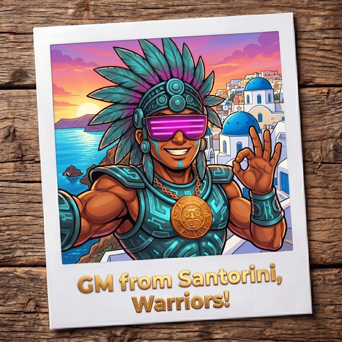 A digital postcard illustration of a warrior in tribal gear wearing neon visor sunglasses and making an 'OK' gesture, with text reading 'GM from Santorini, Warriors!'.