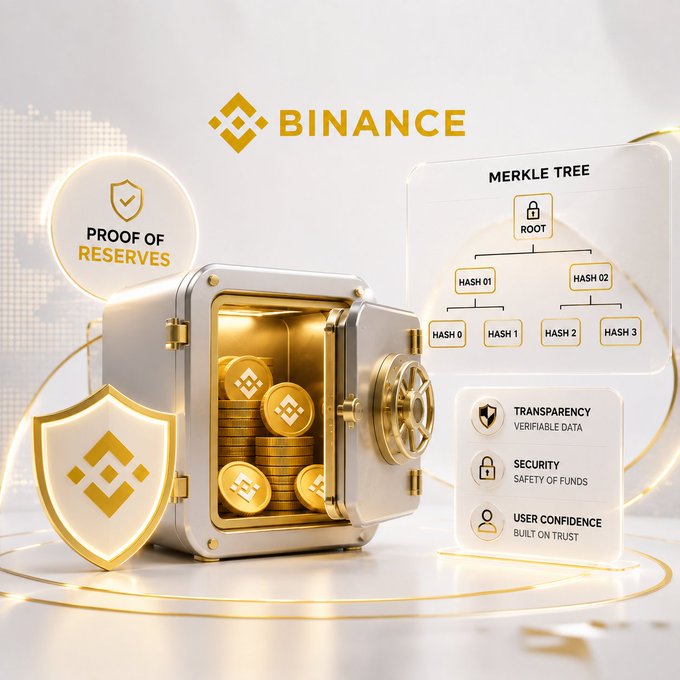 A Binance-branded graphic features a gold-and-white vault filled with Binance-branded coins, illustrating the concept of "Proof of Reserves" alongside a Merkle Tree diagram and icons highlighting transparency, security, and user confidence. The image visually reinforces the post's message that the cryptocurrency industry has evolved beyond mere trust, now offering verifiable methods like Merkle Tree-based Proof of Reserves to confirm customer assets are securely held.