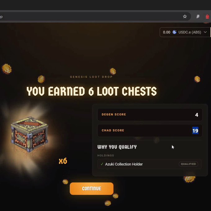A "Genesis Loot Drop" screen announcing that the user earned 6 loot chests, with a Degen Score of 4, Chad Score of 19, and qualification confirmed as an "Azuki Collection Holder." The image illustrates the free $RSGP loot box airdrop from Cambria, featuring a glowing treasure chest and a "Continue" button to claim rewards.