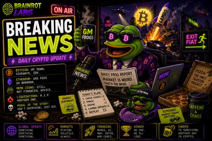A vibrant, chaotic digital illustration from 'BRAINROT LABS' shows a green frog in a suit holding a 'Daily Frog Report' with Bitcoin '₿' sunglasses, surrounded by memes including a rocket labeled 'LAMBO' and various humorous crypto news snippets.