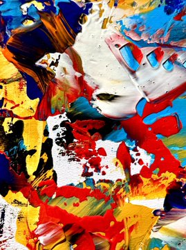 An abstract painting featuring thick, textured brushstrokes in vibrant primary colors—red, blue, yellow, and white—with a glossy, impasto technique.