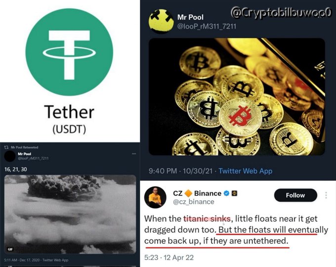 A collage of cryptocurrency-related images including the Tether (USDT) logo, a tweet by Mr Pool about Bitcoin, a GIF of an atomic bomb, and CZ Binance's tweet warning that "When the titanic sinks, little floats near it get dragged down too. But the floats will eventually come back up, if they are untethered." The post compares Tether to a nuclear bomb that destroys tethered coins, arguing that untethered or real-asset-backed cryptocurrencies like XRP, BTC, USDC, and RLUSD will recover.