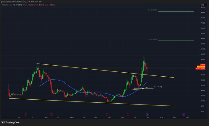 A TradingView chart for ticker $WYFI (Whirlpool, Inc.) on the daily timeframe shows a descending wedge pattern with price currently at $38.47, having broken out above the upper trendline around late June 2026, with horizontal resistance lines marking potential targets at $58 and $81 corresponding to the predicted Wave 3 and Wave 5 price levels.