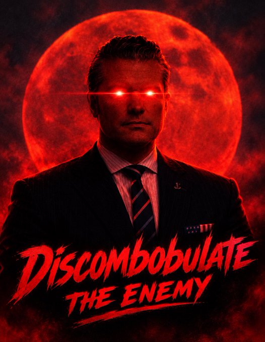A man in a suit with glowing red eyes stands before a large red moon, with the text 'DISCOMBOBULATE THE ENEMY' displayed below.