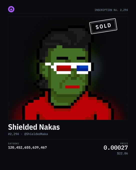 An NFT listing page titled 'Shielded Nakas' (#2,294) marked with a 'SOLD' tag, featuring a pixelated green character wearing red and blue 3D glasses for a price of 0.00027 ($22.86).