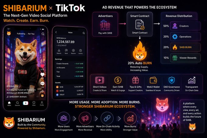 A promotional infographic for "SHIBARIUM × TikTok" introduces a next-gen video social platform concept with tagline "Watch. Create. Earn. Burn." It displays mockups of a TikTok-style app interface showing a SHIB Balance of 1,234,567.89 and earnings totaling 66.91 SHIB, alongside a revenue distribution model where advertisers flow through smart contracts to allocate 50% to creators, 20% to operations, 20% to SHIB BURN, and 10% to viewer rewards—illustrating how a TikTok-like platform on Shibarium could drive ad revenue back into the SHIB ecosystem.