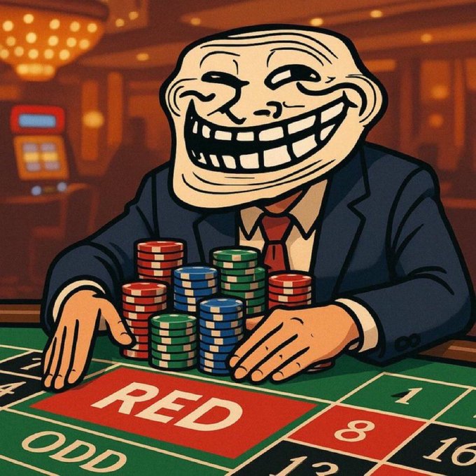 A smug "Trollface" meme character in a suit grins at a roulette table, gleefully stacking massive piles of casino chips in front of the "RED" and "ODD" betting squares—perfectly capturing the reckless, defiant "all in" energy of betting everything on a risky gamble and daring opponents to react.