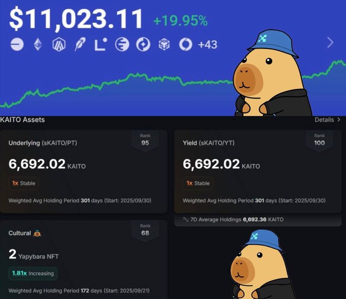 The image shows a Kaito Assets dashboard with a total value of $11,023.11, featuring Underlying and Yield assets of 6,692.02 KAITO each, and 2 Yapybara NFTs. The accompanying post highlights these as decent rewards for long-term $KAITO and Yapybara holders within Kaito Katalyst.