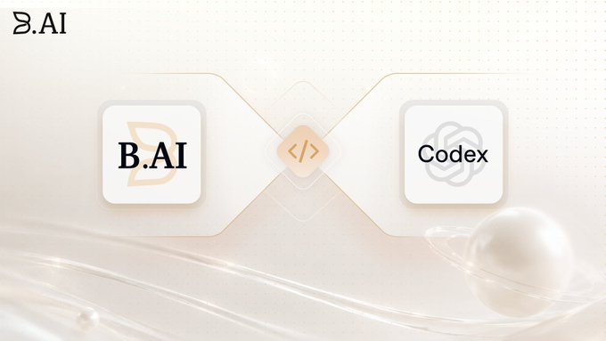 A minimalist graphic showing 'B.AI' and 'Codex' connected by a code symbol, with a pearl-like sphere on the right.