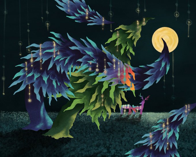 A colorful, stylized digital illustration of large, flowing leaves in shades of blue, purple, and green under a yellow moon, with small golden lights hanging from the foliage and a tiny, stylized deer standing below.